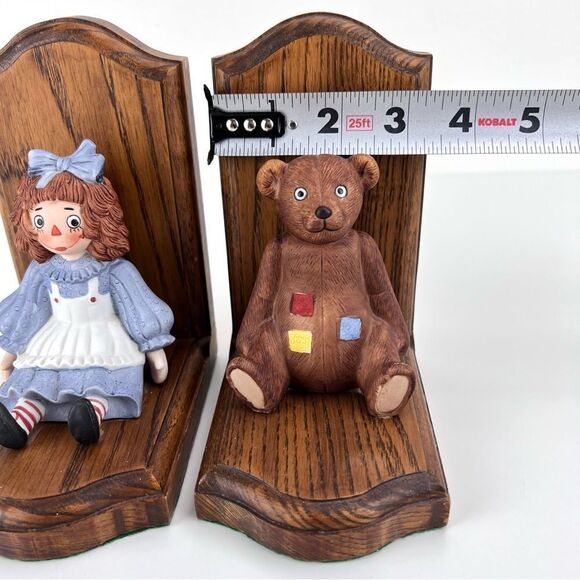 Vintage LEONARD UNRUH Raggedy Ann And Teddy Bear Ceramic And Wood Bookends - Picture 9 of 10